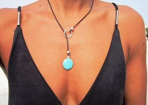 Turquoise Leather Necklace Lariat Necklace Y