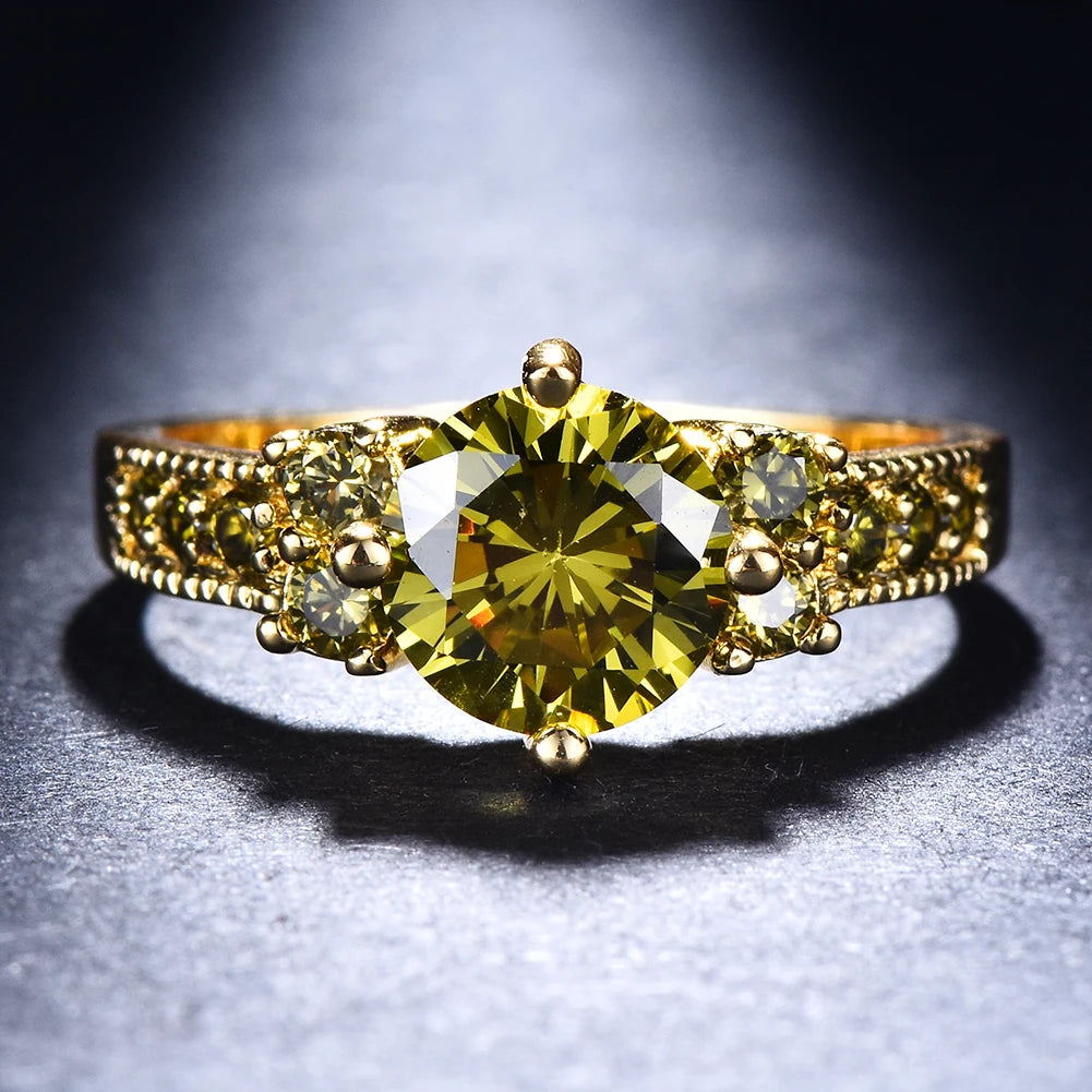 Simple Female Olive Green Crystal Jewelry Charm Gold Color Thin Wedding Rings For Women Cute Bride Round Zircon Engagement Ring