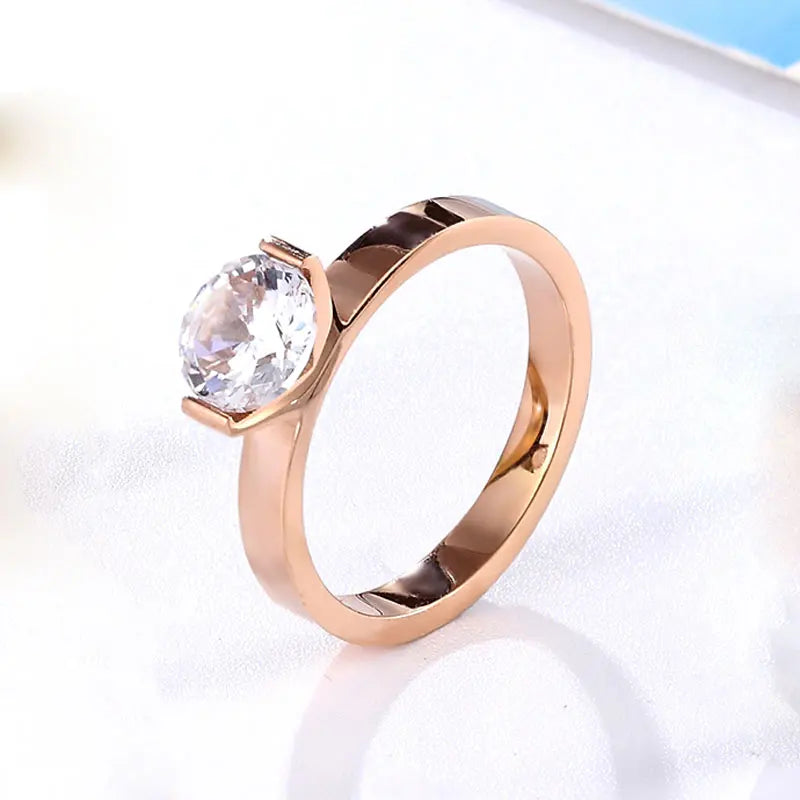Hot 1 Carat Shiny Crystal Ring For Wedding Titanium Steel Top Quality Gold Color Jewelry Love Gift Woman Ring Wholesale