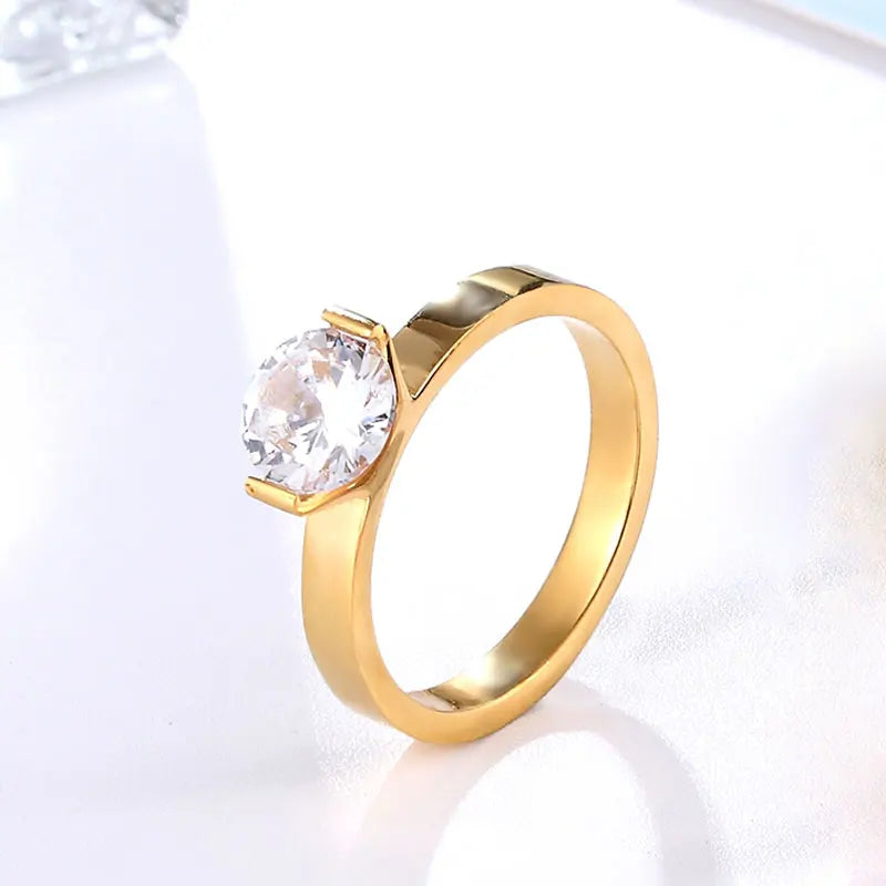 Hot 1 Carat Shiny Crystal Ring For Wedding Titanium Steel Top Quality Gold Color Jewelry Love Gift Woman Ring Wholesale
