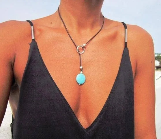 Turquoise Leather Necklace Lariat Necklace Y