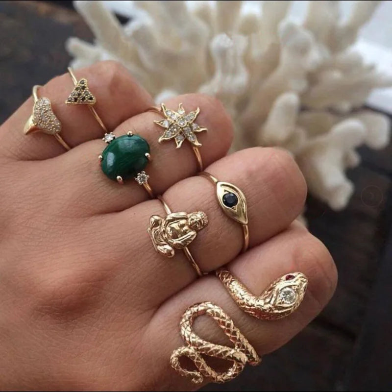 Bohemian Geometric Snake Crystal Ring