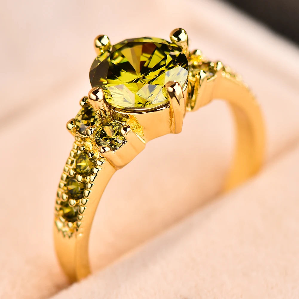 Simple Female Olive Green Crystal Jewelry Charm Gold Color Thin Wedding Rings For Women Cute Bride Round Zircon Engagement Ring