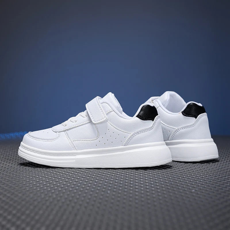 Kids White Leather Sneakers – Waterproof Low-Cut Shoes