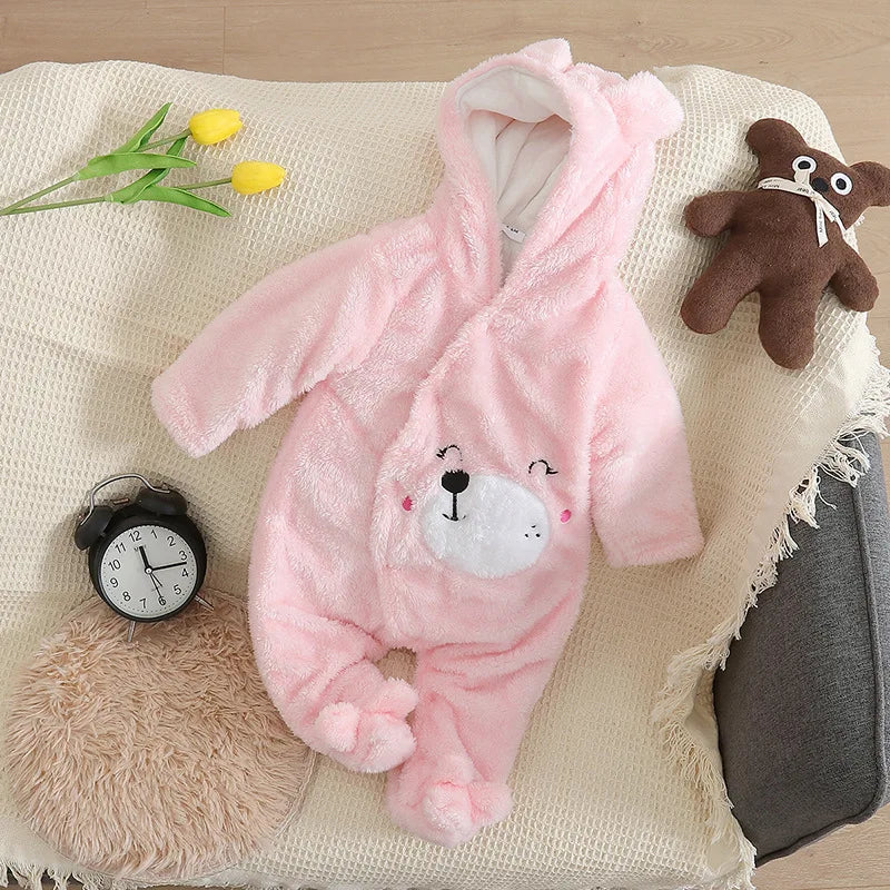 0–2 Years Baby Plush Jumpsuit, Cute Dog & Rabbit Print