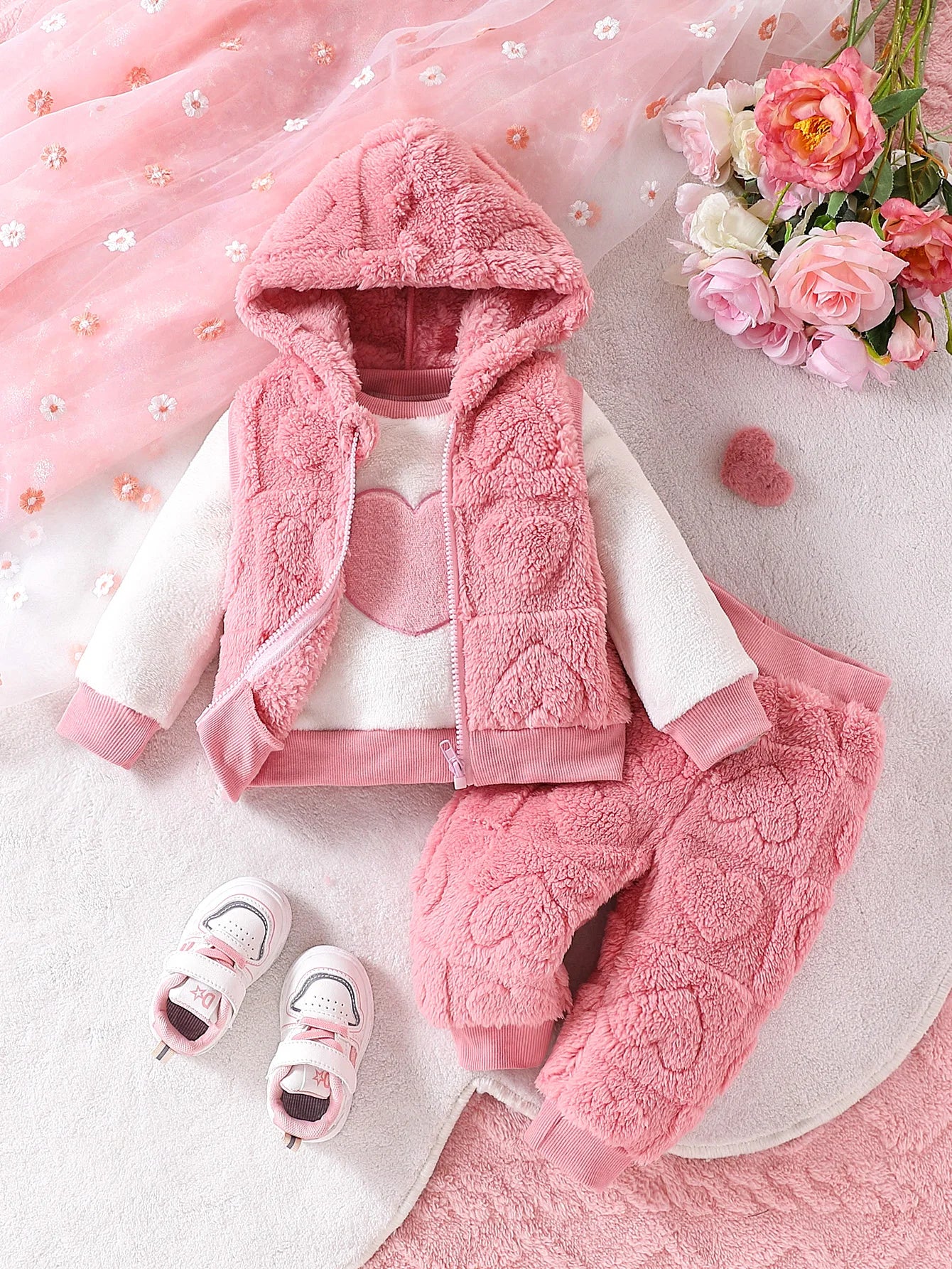 Fashionable Baby Girl Outfit, 3-Piece Jacquard Love Plush Set