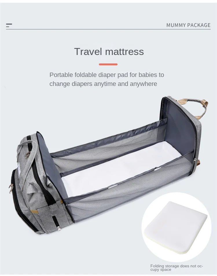 Mommy Diaper Bag – Baby Bed, Milk Bottle Storage & Changing Mat Backpack for Nursing Moms