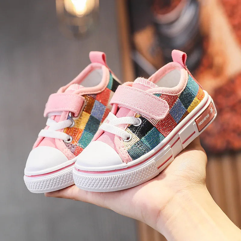 Kids’ Canvas Sneakers – Checkered Casual Shoes, Soft Sole