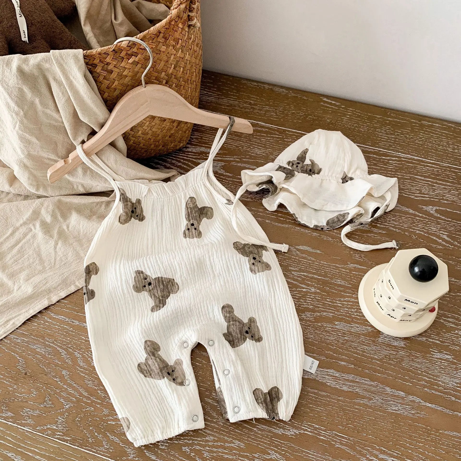 Cute Baby Bear Jumpsuit & Hat – Summer (0–18M)