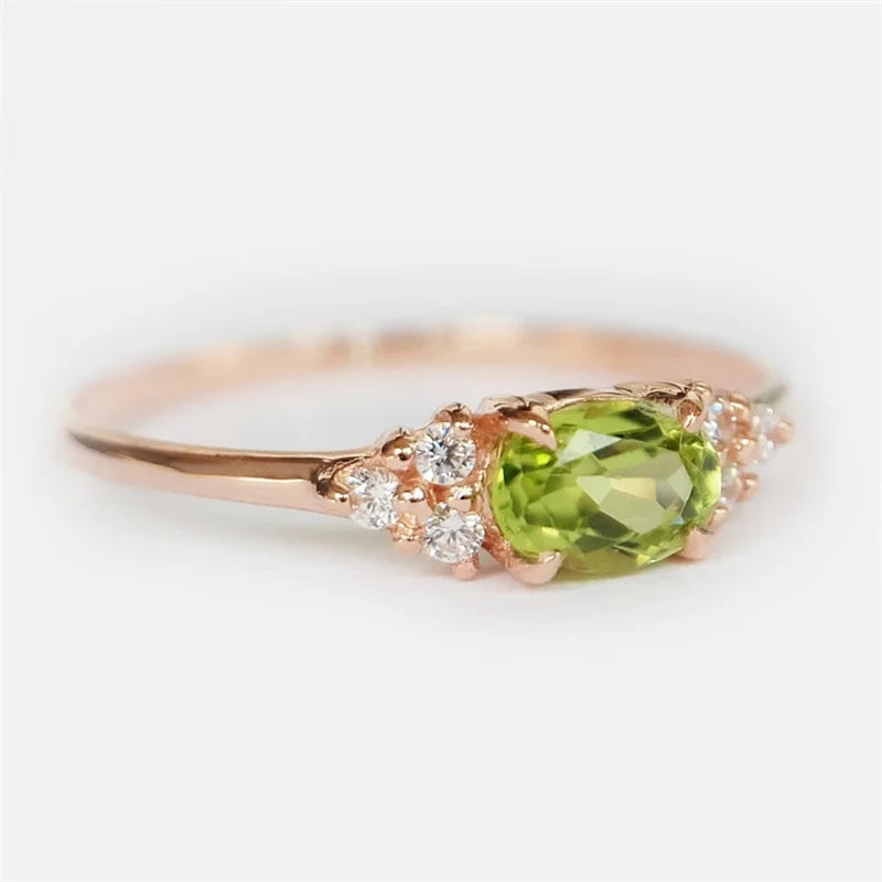 Small Olive Green Stone Ring Rose Gold Color Oval Zircon Minimalist Stacking Thin Rings For Women Party Wedding Bands Jewelry CZ