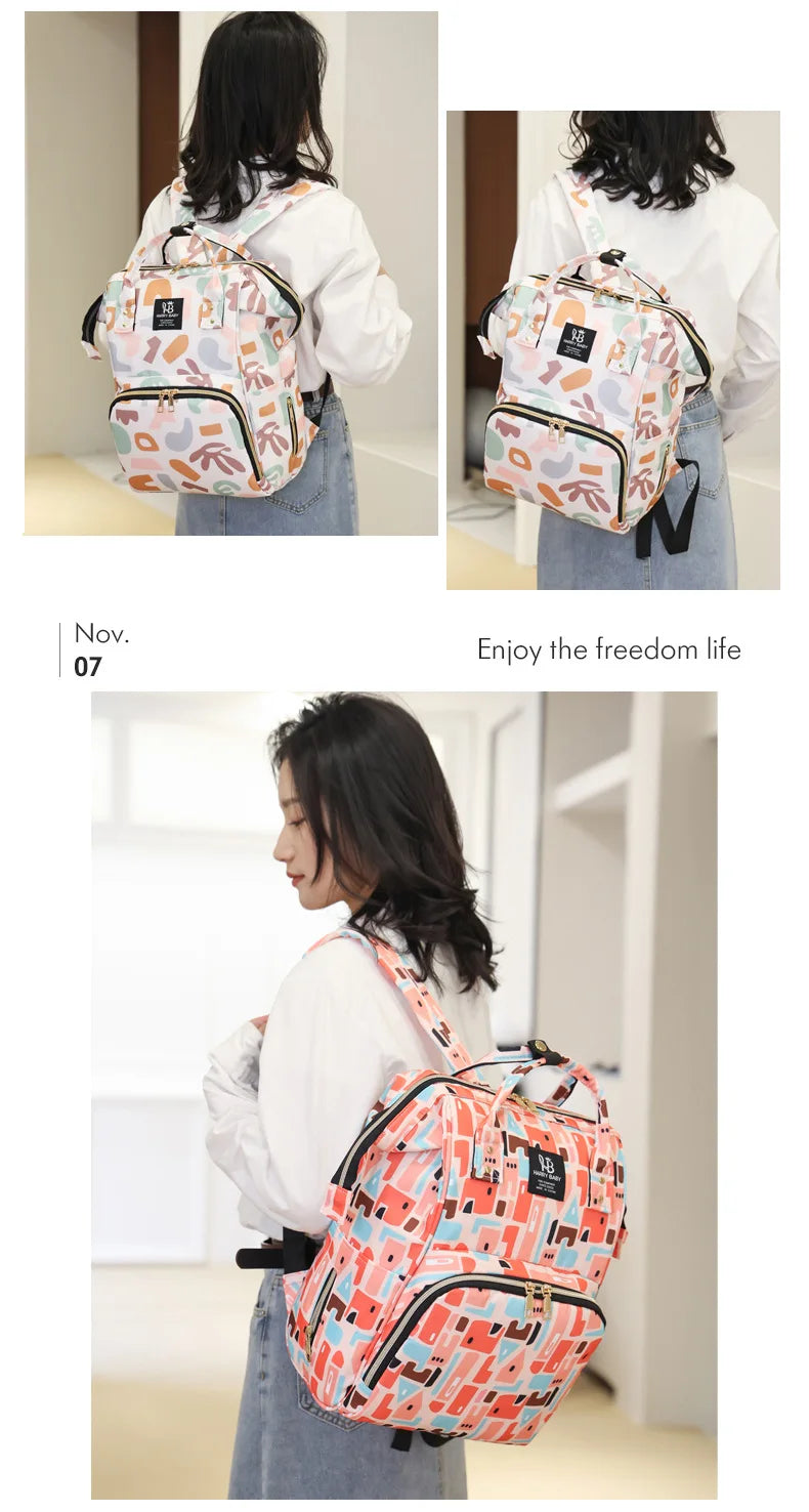 Fashion Print Nappy Backpack – Multi-Functional Large Capacity Mommy Bag for Outdoor Travel & Baby Care