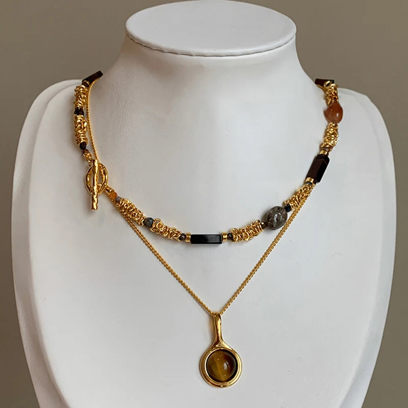 Natural Tiger Eye Stone Pendant Plated