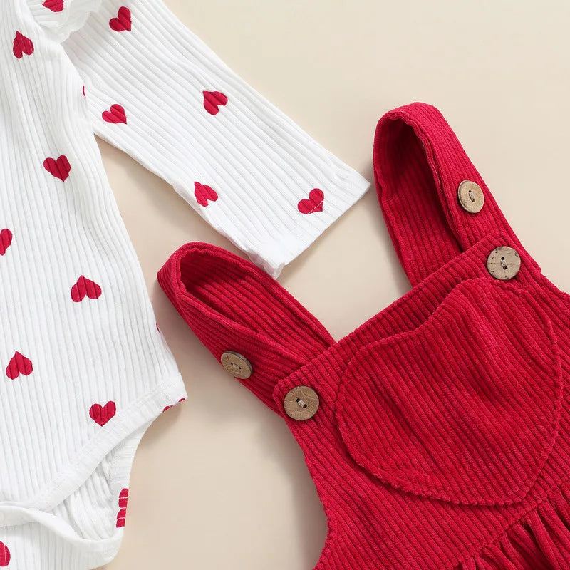 0–18M Baby Girl Skirt Set, Heart Print Bodysuit & Suspender Skirt
