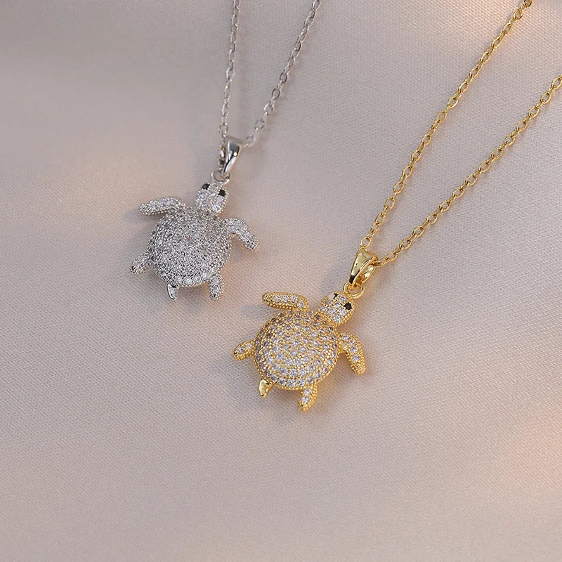 Crystal Stone Turtle Silver Necklace
