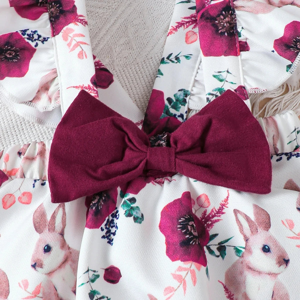 Jumpsuit & Rabbit Printed Shoulder Strap skirt & Headband Set for 0-18 M