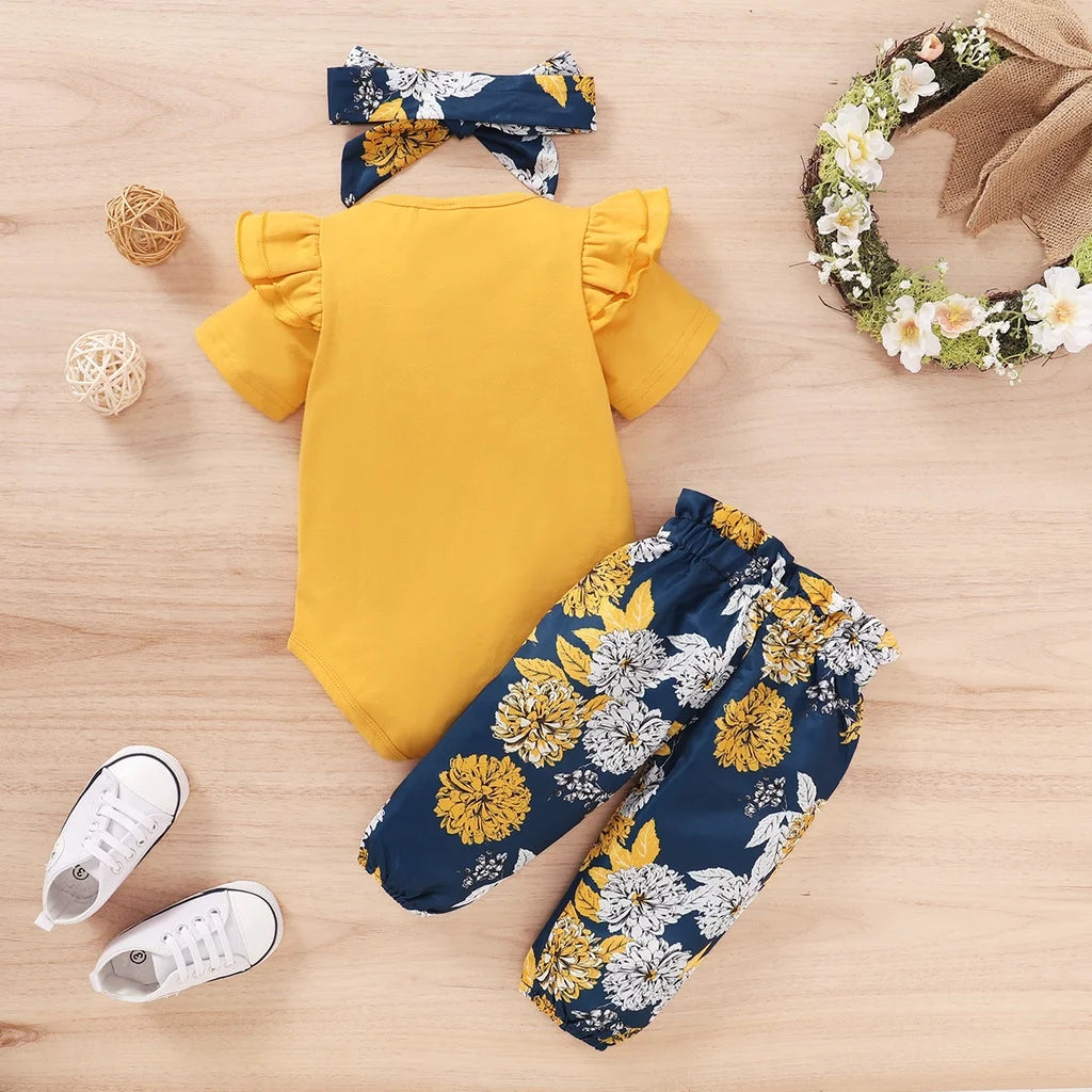 Body suit & Floral Pants with Bow & Headband 3PCS Outfits for 0-18 M