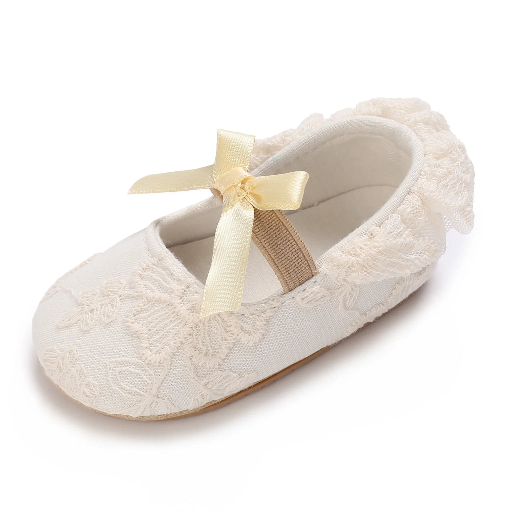 Baby Girl White Lace Moccasins – Non-Slip Princess Bow Shoes