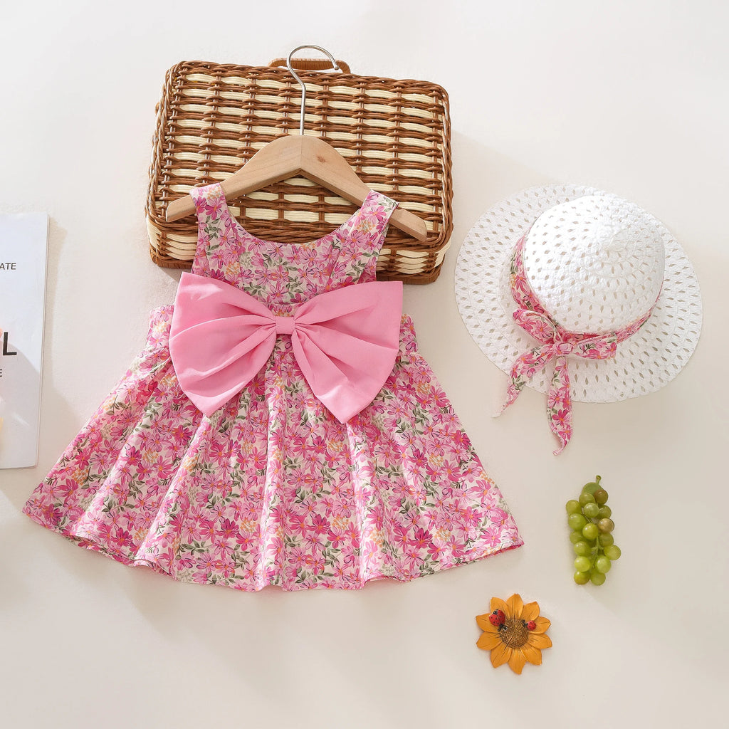 Baby Girl Summer Outfit, Bow Strap Dress & Hat