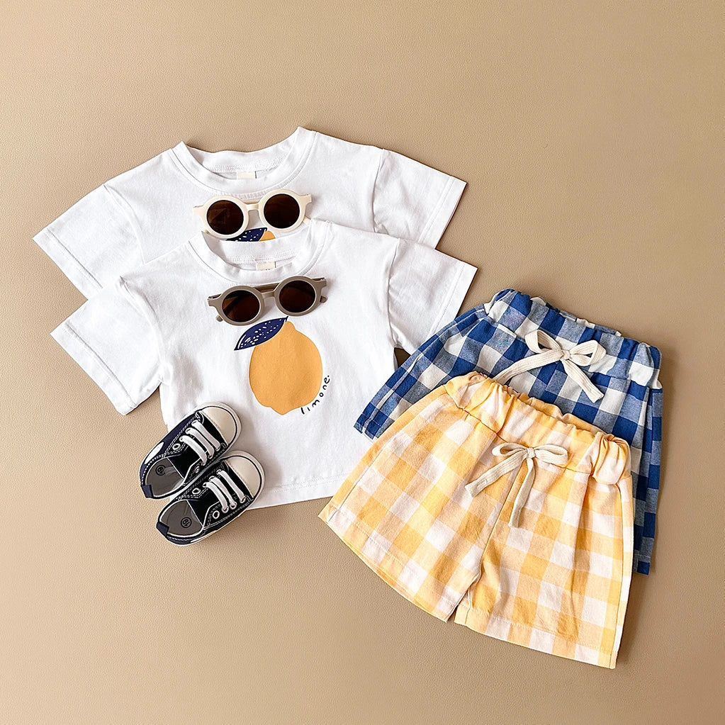 2PCS Baby Boys Girls Clothes Set T-shirt & Checkered Shorts 0-3Y