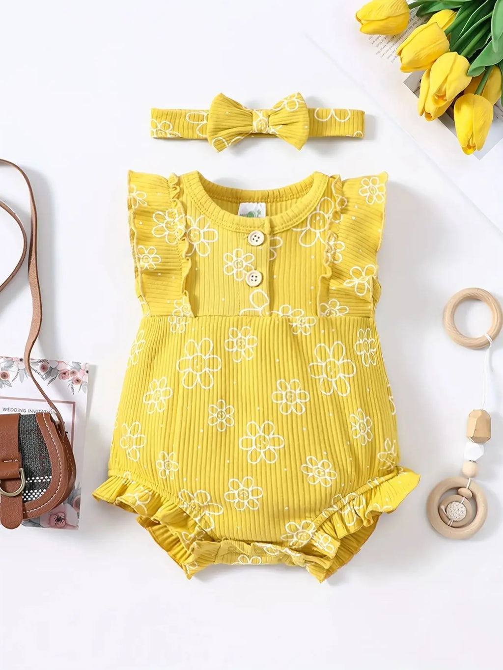 2PCS Baby Girl Jumpsuit with Round Neck Butterfly Sleeve Design