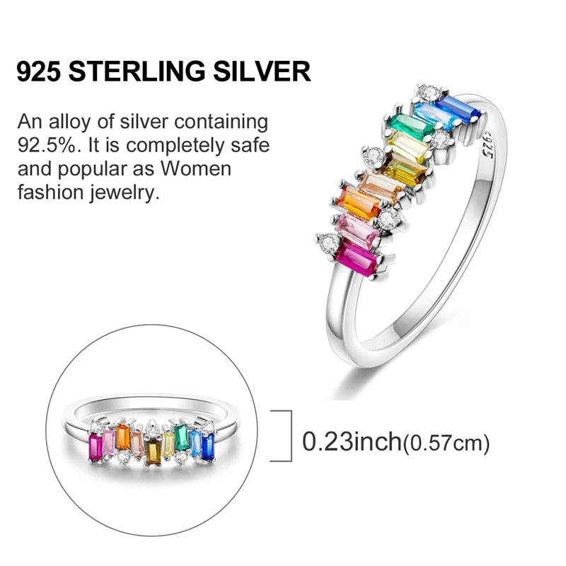 Original 925 Sterling Silver Rings Sparkling Rainbow Candy Zircon Rings For Women Girls Jewelry Birthday Anniversary Gifts