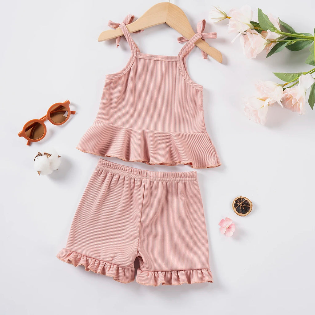 2pcs Camisole Bow Tops & Casual Shorts Set Cute Small Fresh Style Daily