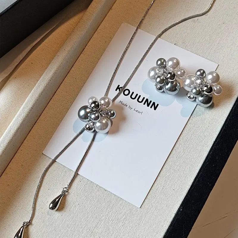 White Flower Pearl Earrings Necklace