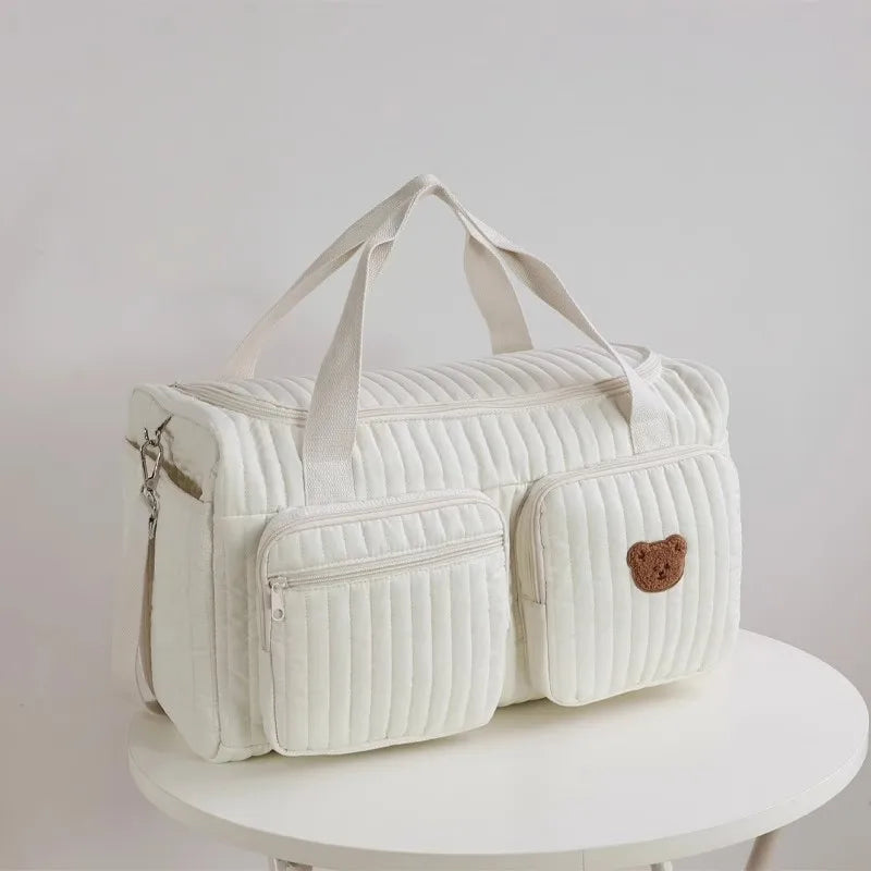 Baby Diaper Bag – Cotton Fabric, Cute Bear Flower Embroidery, Zipper Mommy Handbag
