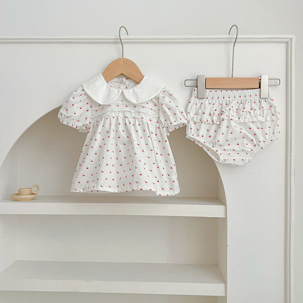 Baby Girl Cherry Floral Outfit – Summer (0–12M)