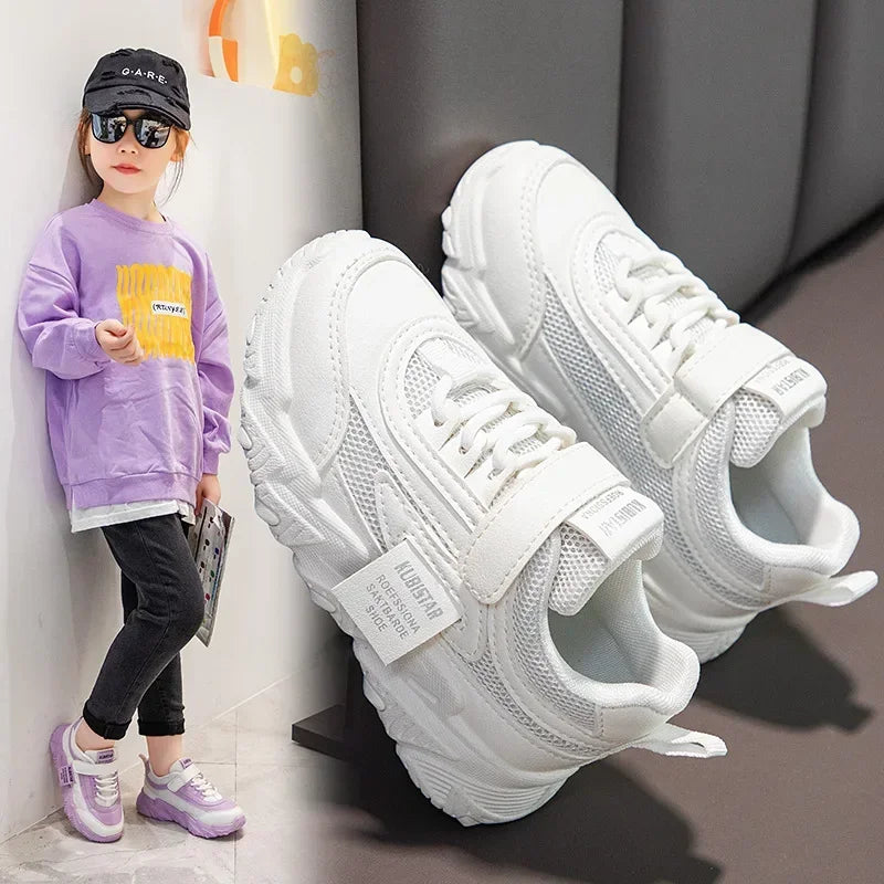 Spring New Kids Sneakers 2025 PU Girls Casual Mesh Solid Pink Light Boys White Hook & Loop Children Non-slip Sports Shoes
