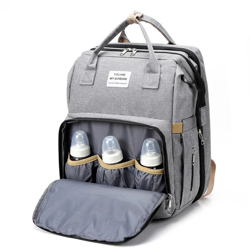 Mommy Diaper Bag – Baby Bed, Milk Bottle Storage & Changing Mat Backpack for Nursing Moms