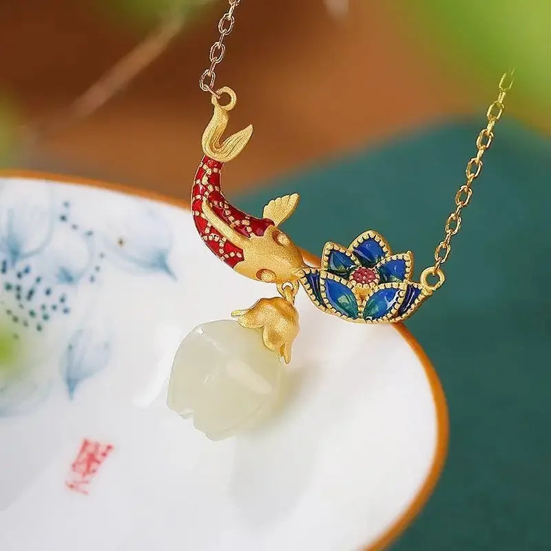 Natural hotan jade necklaces enamel fish