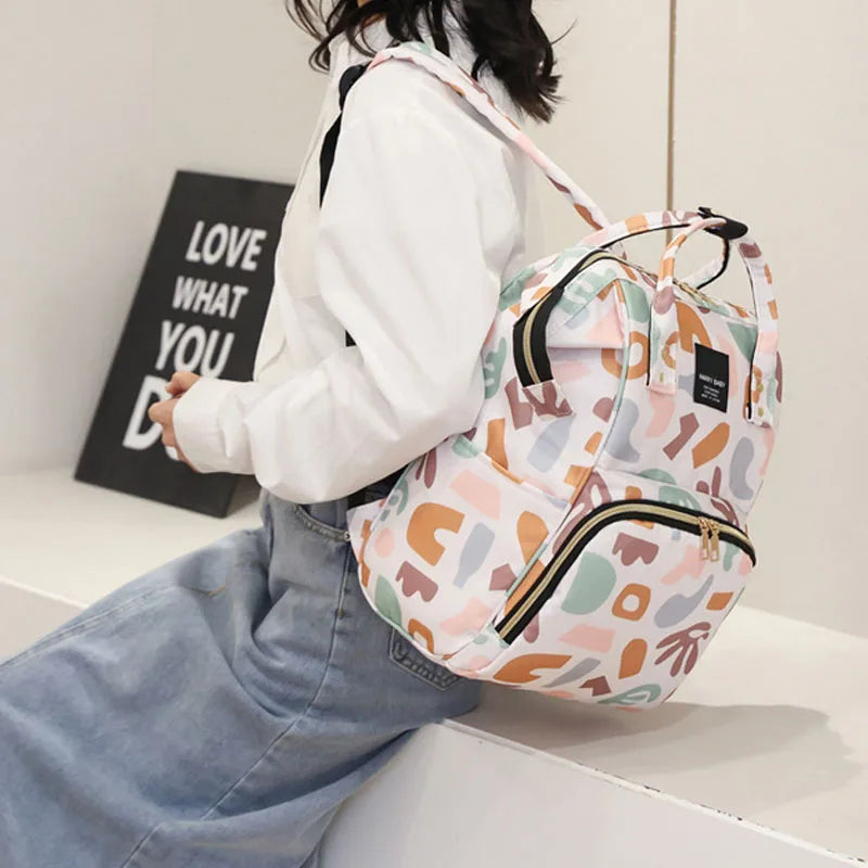 Fashion Print Nappy Backpack – Multi-Functional Large Capacity Mommy Bag for Outdoor Travel & Baby Care