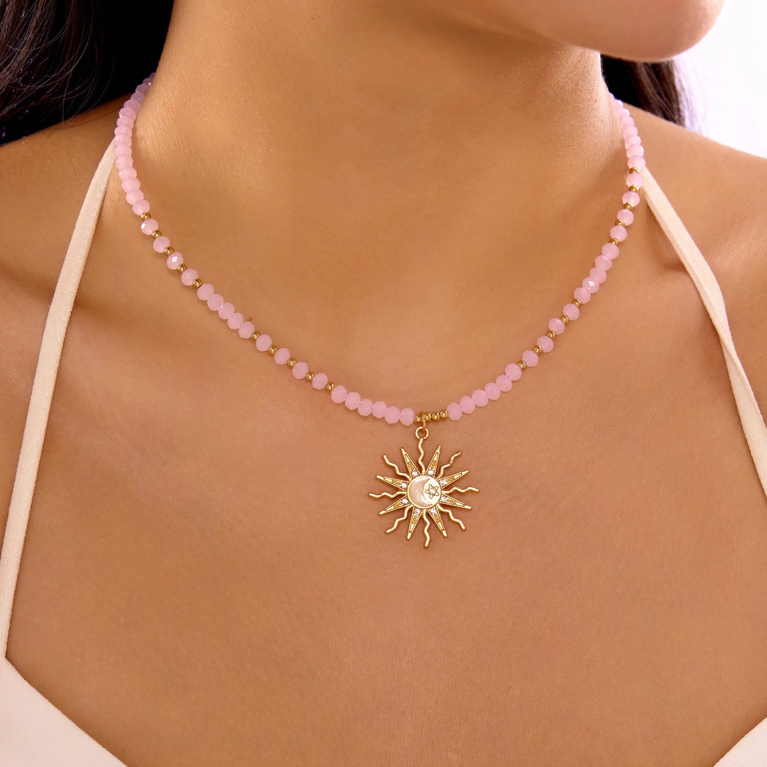 Retro Golden-Toned Sun Pendant Necklace