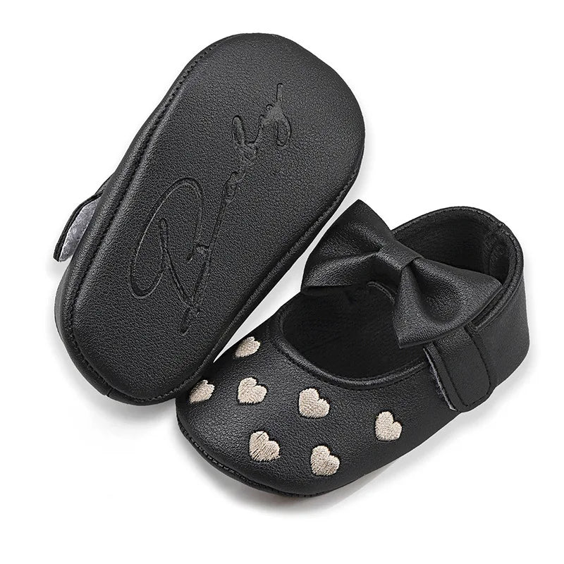 Baby Girls First-Step Shoes (0–18M) – Soft Sole Dress Shoes with Bow & Heart
