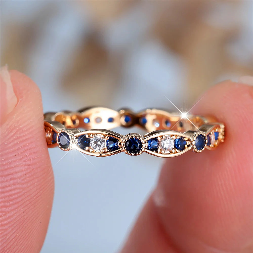 Cute Female White Blue Zircon Stone Round Ring Vintage Gold Color Wedding Jewelry For Women