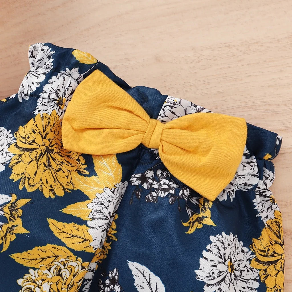 Body suit & Floral Pants with Bow & Headband 3PCS Outfits for 0-18 M
