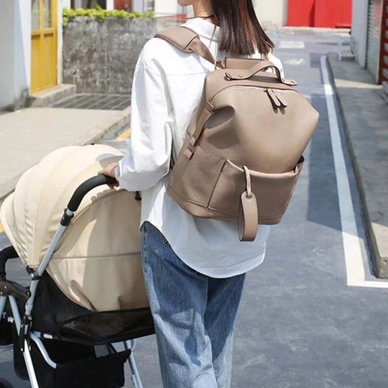 Multifunction Leather Diaper Bag – Large Capacity Maternity Backpack for Baby Care & Travel