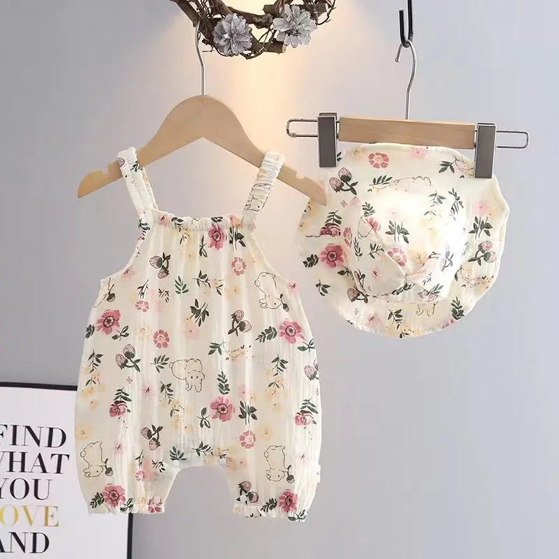 Summer Baby Girls Romper with Hat Cartoon Cherry Bear Jumpsuit