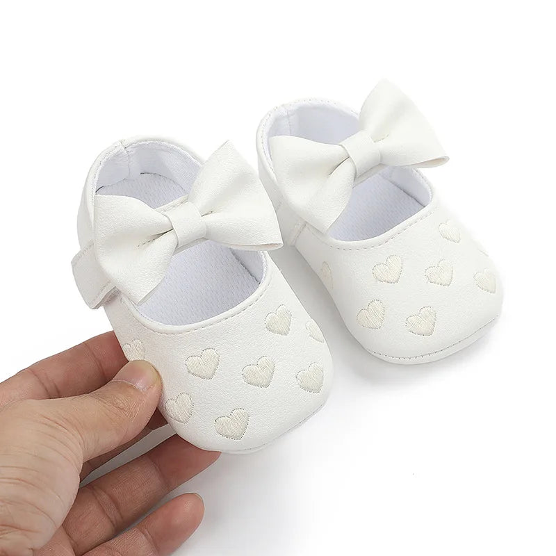 Baby Girls First-Step Shoes (0–18M) – Soft Sole Dress Shoes with Bow & Heart