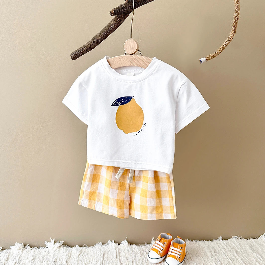 2PCS Baby Boys Girls Clothes Set T-shirt & Checkered Shorts 0-3Y