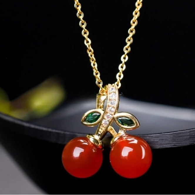 Natural Red Agate Cherry Pendant