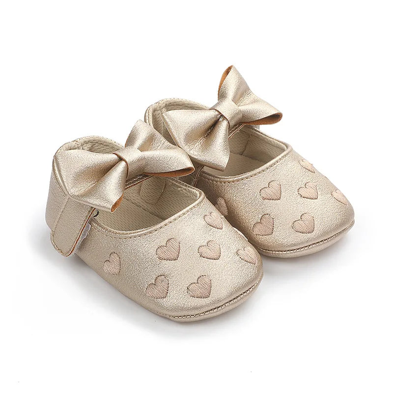 Baby Girls First-Step Shoes (0–18M) – Soft Sole Dress Shoes with Bow & Heart