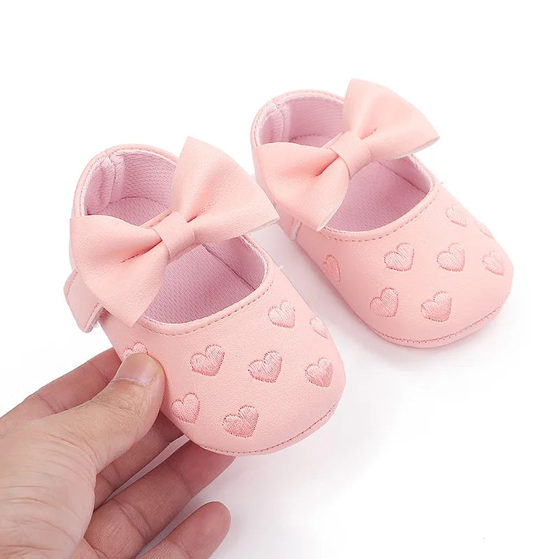 Baby Girls First-Step Shoes (0–18M) – Soft Sole Dress Shoes with Bow & Heart