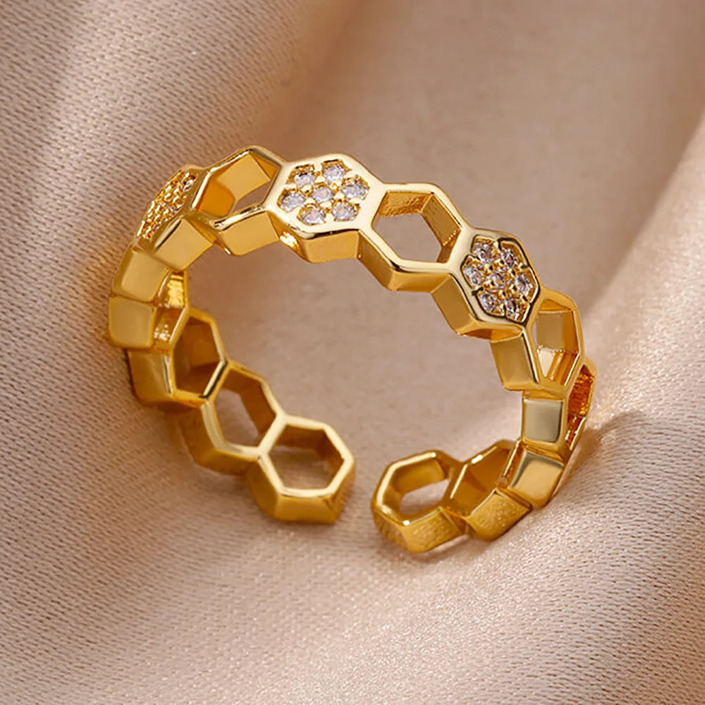 Gold Stainless Steel Crystal Ring