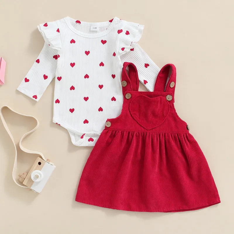 0–18M Baby Girl Skirt Set, Heart Print Bodysuit & Suspender Skirt