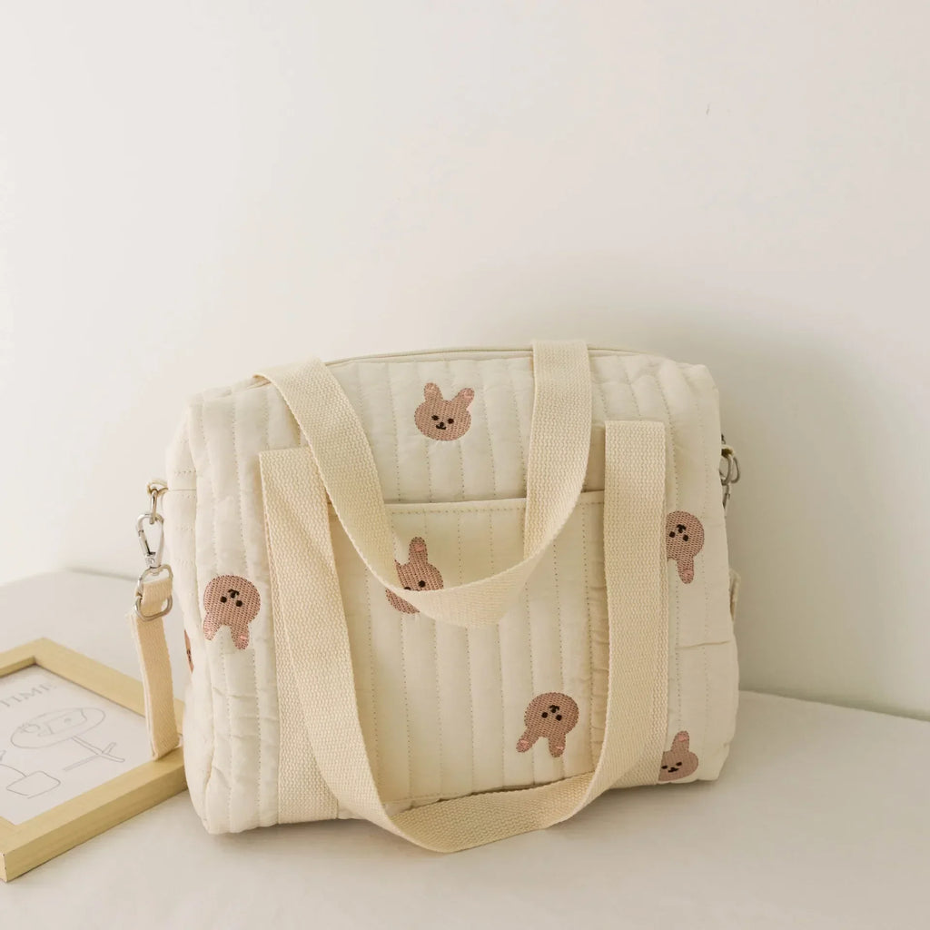 Baby Diaper Bag – Cotton Fabric, Cute Bear Flower Embroidery, Zipper Mommy Handbag