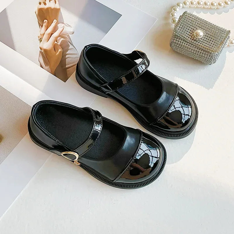 Girls’ Black Leather Casual Shoes – Princess Toddler Flats