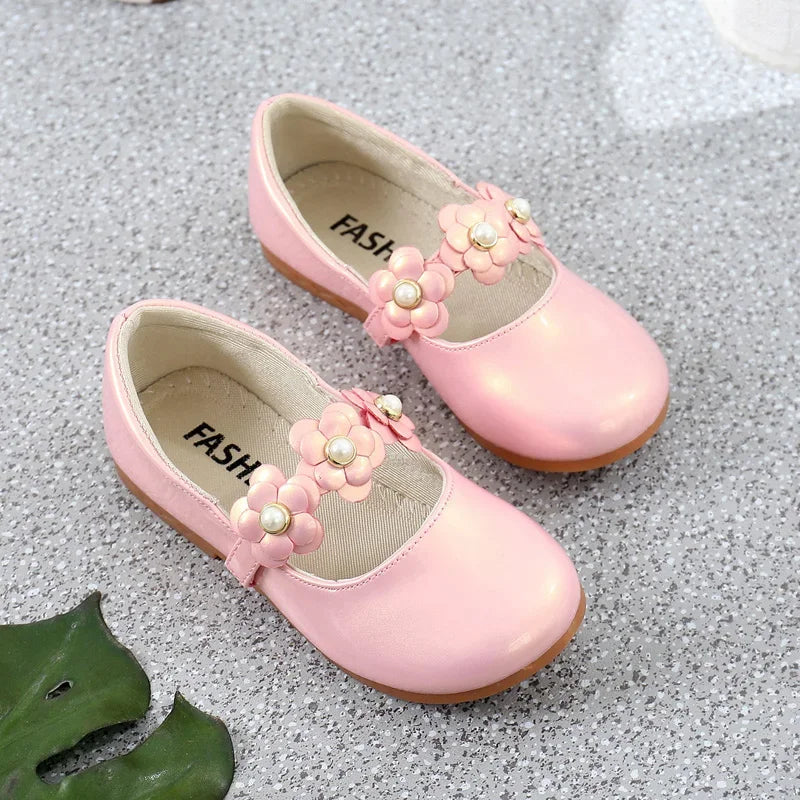 Girls’ Floral Leather Flats – Princess Dress Shoes (26–36)