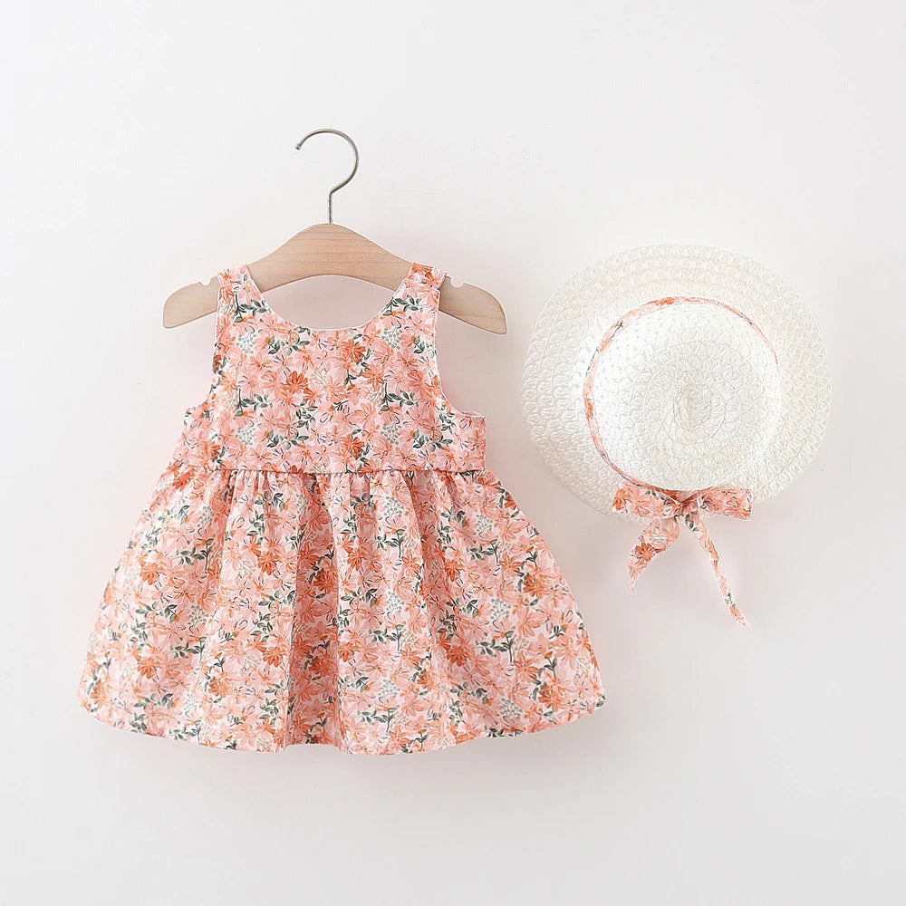 Baby Girl Summer Outfit, Bow Strap Dress & Hat